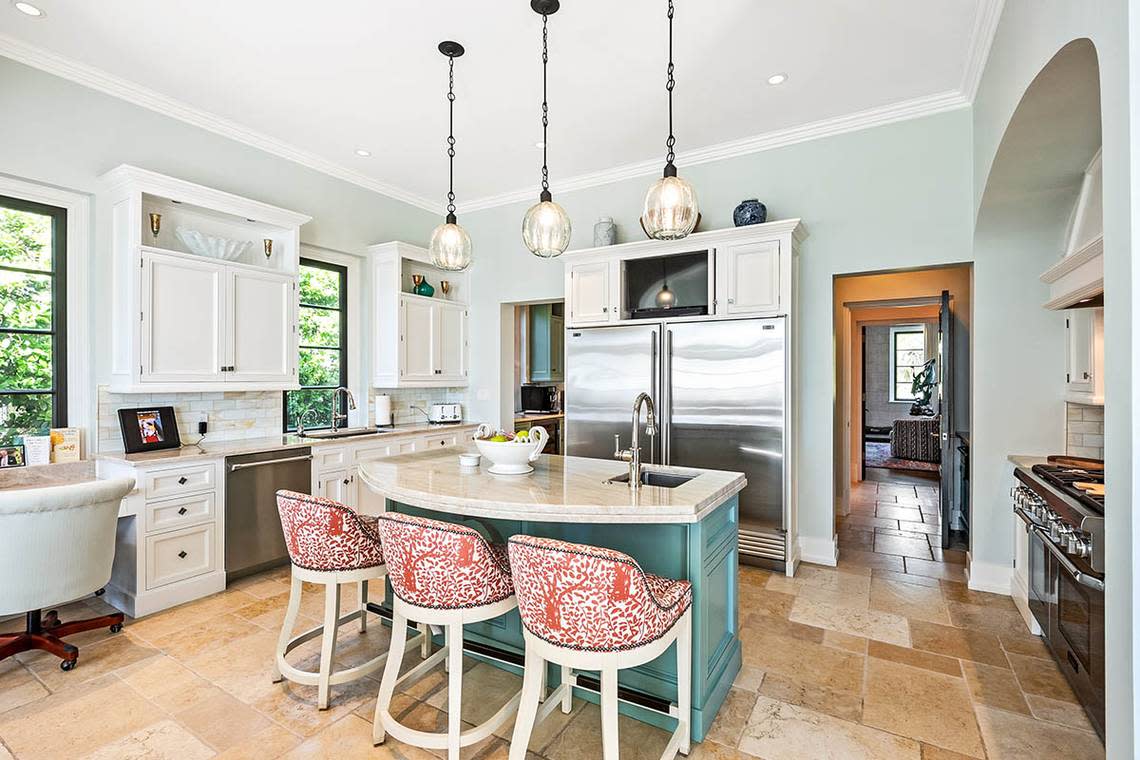 A photo of the kitchen in a $16.4 million beachfront home for sale in Kiawah.