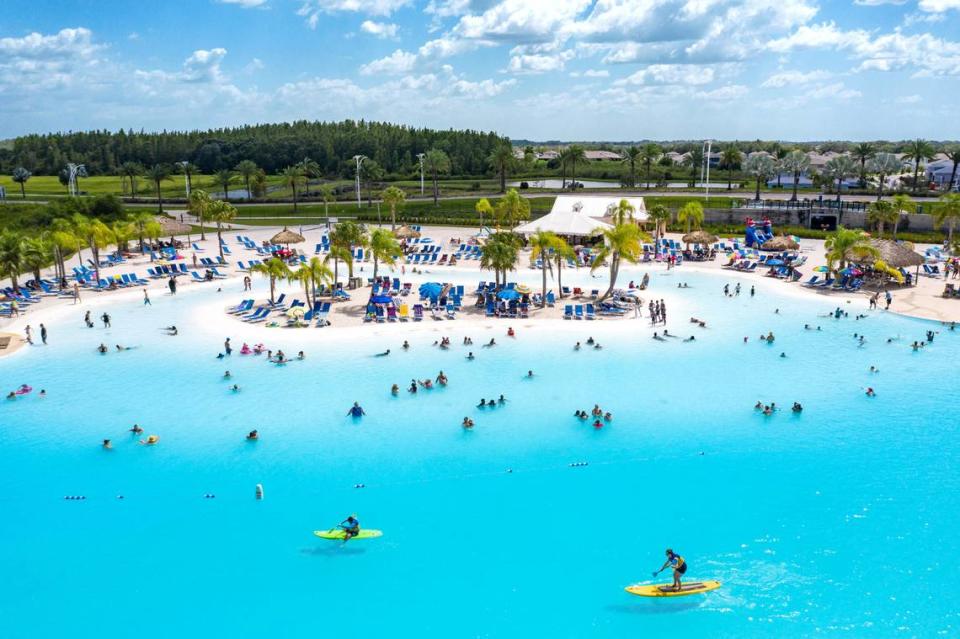 Sand surrounds the zero-entry Derby Shores lagoon, which goes to depths of 8 feet. “And you feel like you’re on a beach,” said partner Rodney Steven II. “We’ll bring in tons and tons of white sand.” He compares it to the Caribbean “except the water is even clearer.”