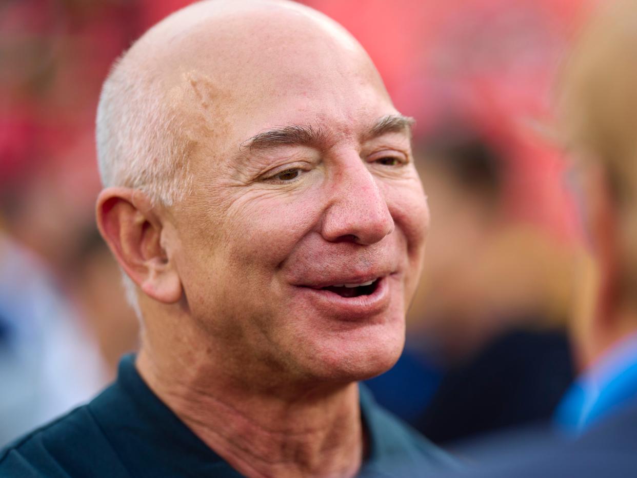 Jeff Bezos looks on from the sidlines before kickoff between the Kansas City Chiefs and Los Angeles Chargers at GEHA Field at Arrowhead Stadium on September 15, 2022 in Kansas City, Missouri.