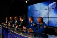 NASA and SpaceX managers attend a post-launch news conference to discuss the SpaceX Crew Dragon astronaut capsule in-flight abort test at the Kennedy Space Center