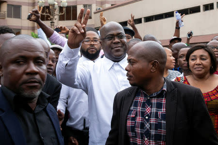 Felix Tshisekedi, leader of the Congolese main opposition party, the Union for Democracy and Social Progress (UDPS) who was announced as the winner of the presidential elections gestures to his supporters in Kinshasa, Democratic Republic of Congo, January 10, 2019. REUTERS/Baz Ratner