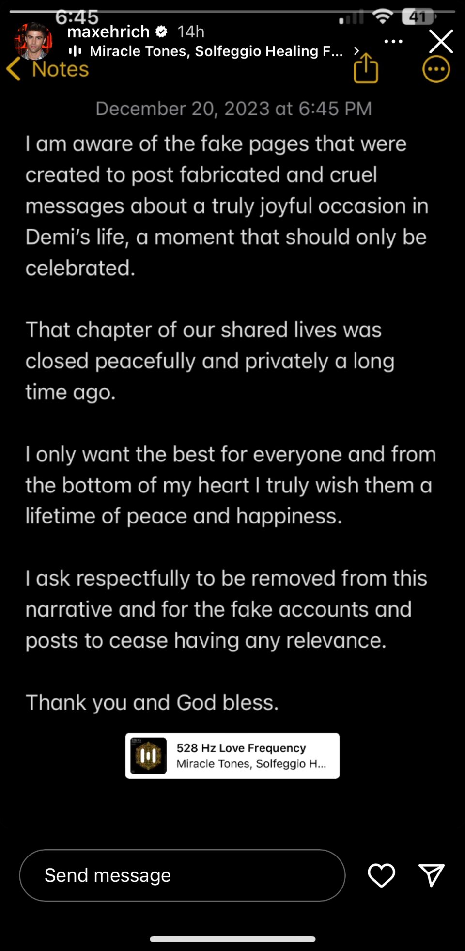 Screenshot of Max's message