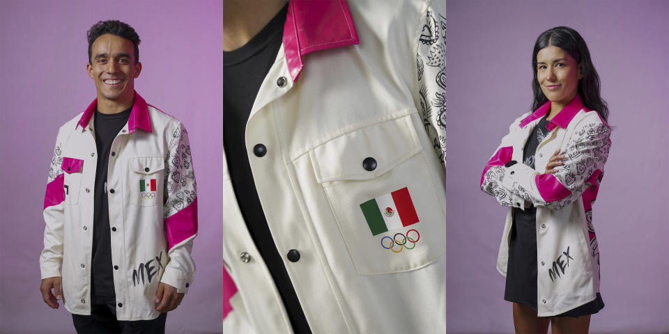 Esta combinación de fotografías proporcionadas por Men's Fashion muestra al clavadista mexicano Juan Manuel Celaya, izquierda, y a la atleta mexicana de canotaje Karina Alanis Morales, derecha, modelando los uniformes mexicanos para la ceremonia inaugural de los Juegos Olímpicos de París. (Men's Fashion vía AP)