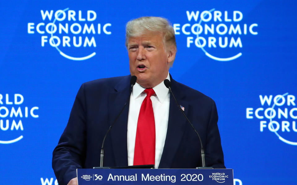 U.S. President Donald Trump delivers a speech during the 50th World Economic Forum (WEF) annual meeting in Davos, Switzerland, January 21, 2020. REUTERS/Denis Balibouse