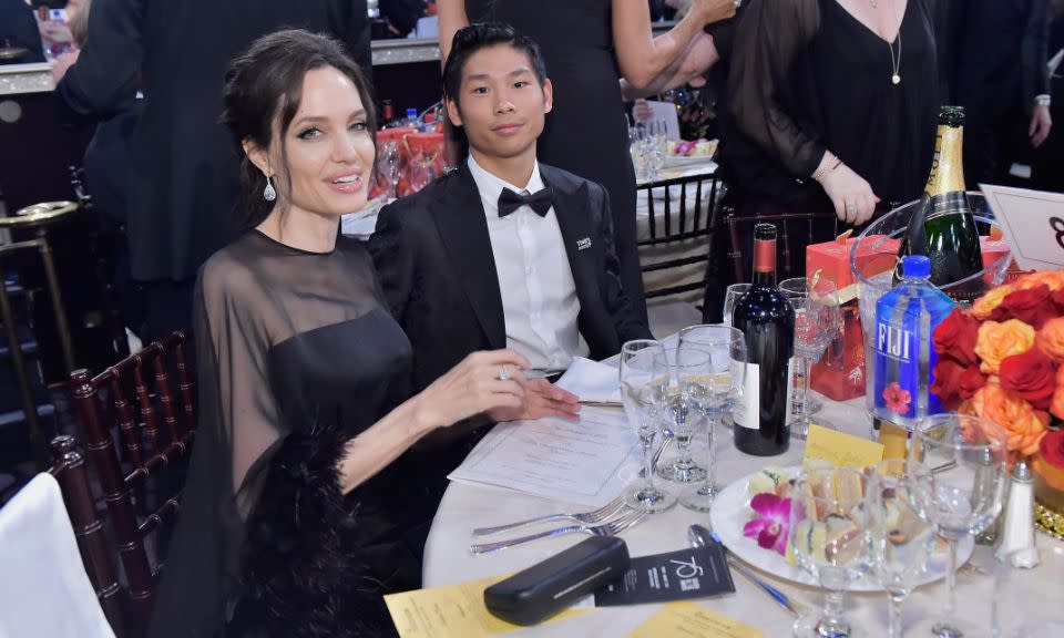 Pax was spotted next to his mum inside the Beverly Hills Hilton hotel. Photo: Getty