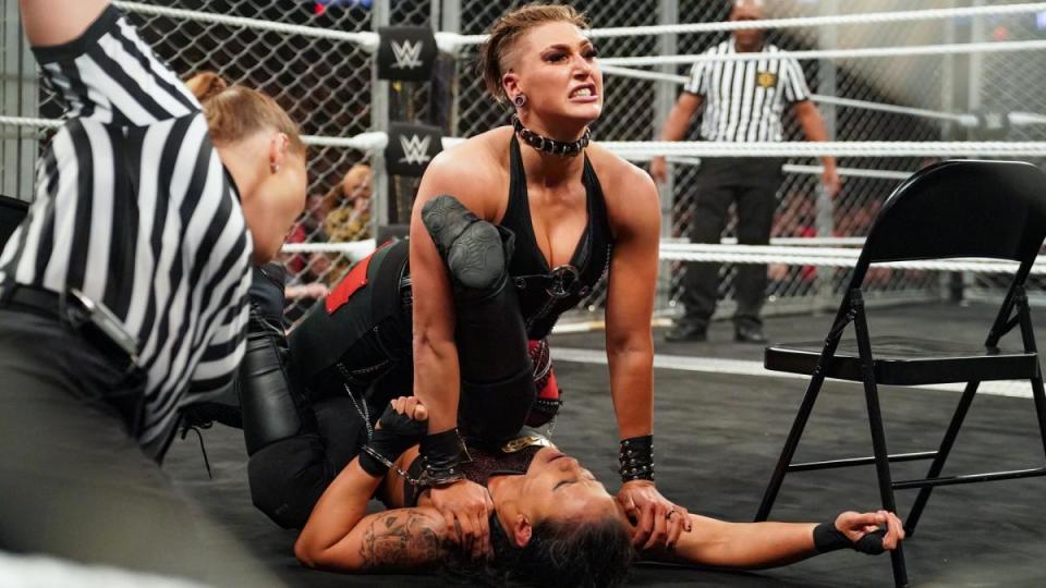 Rhea Ripley pins Shayna Baszler to win the women's WarGames match. (Photo courtesy of WWE)