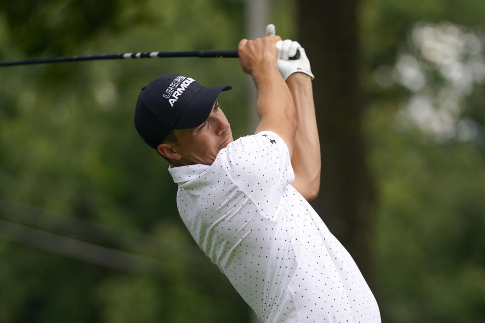 Jordan Spieth tees off on the eighth hole during the ProAm at the BMW Championship golf tournament at Wilmington Country Club, Wednesday, Aug. 17, 2022, in Wilmington, Del. The BMW Championship tournament begins on Thursday. (AP Photo/Julio Cortez)