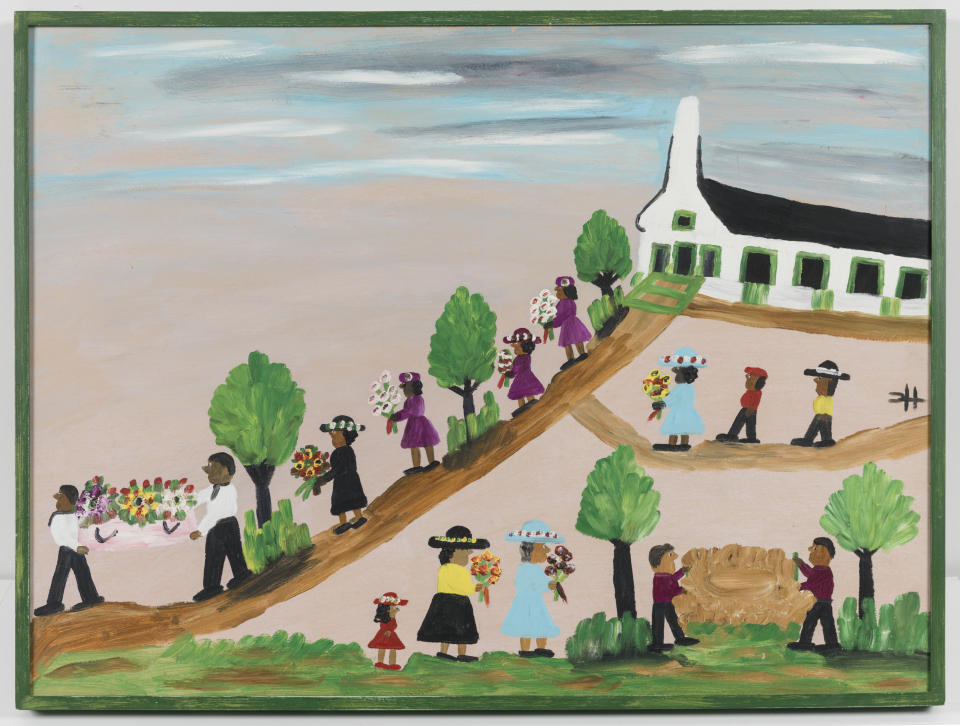 This image released by the American Folk Art Museum shows “Funeral”, an oil on board by Clementine Hunter, part of the American Folk Art Museum collection, gift of Joan Einbender. (American Folk Art Museum via AP)