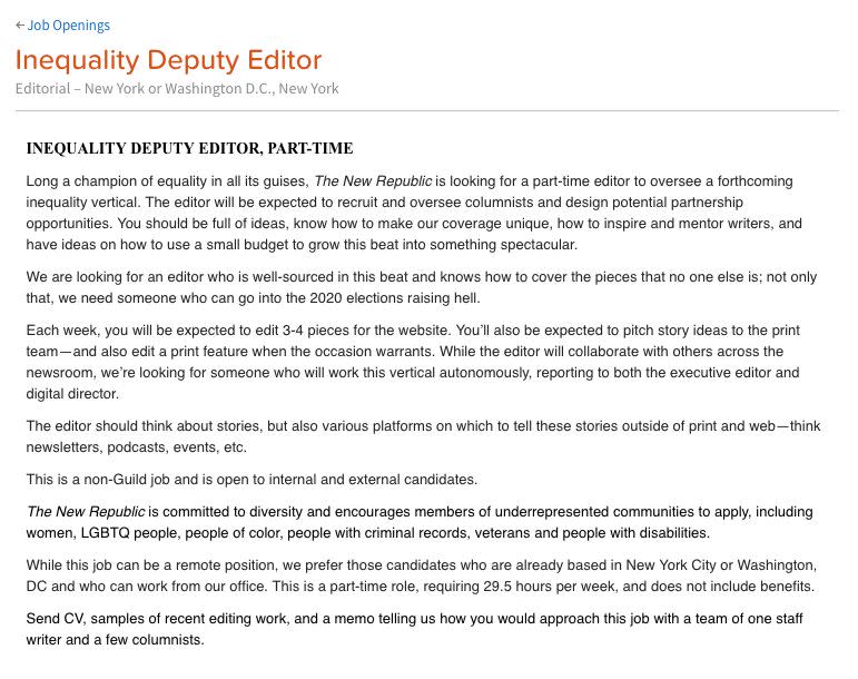 The job posting for an "Inequality Editor" at the New Republic. (Photo: New Republic)