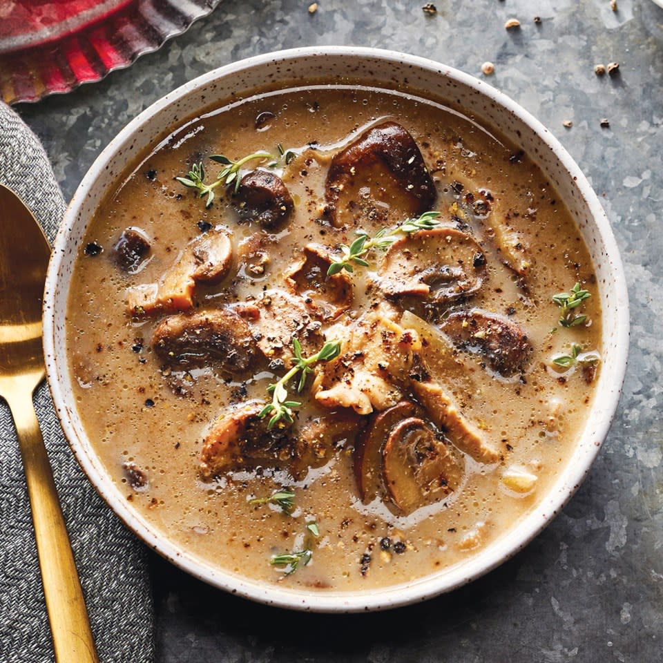 <p>This comforting and creamy slow-cooker soup is loaded with earthy, umami flavor from the mushrooms and soy sauce. Puréeing only some of the slow-cooker mushroom soup gives the dish complex texture and eye appeal. Garnish with additional black pepper and chopped fresh thyme, if desired.</p>