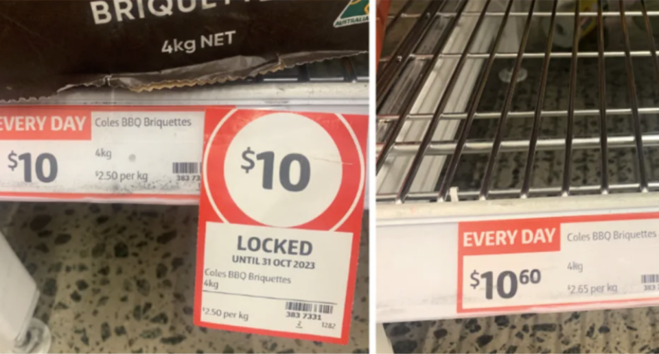 Coles price tickets showing BBQ Briquettes increased in price while being price-locked