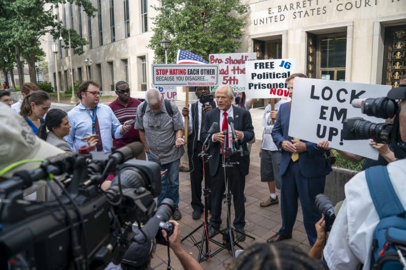 Peter Navarro defied subpoenas from the House select committee investigating the Jan. 6, 2021, riots at the U.S. Capitol, claiming former President Donald Trump granted him executive immunity. File Photo by Bonnie Cash/UPI