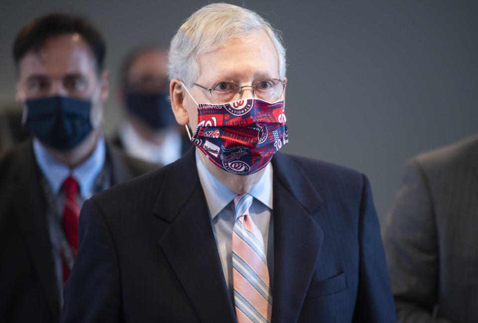 Senate Majority Leader Mitch McConnell (R-Ky.) leaves a news conference after the Senate Republican Policy luncheon in Hart Building on July 28. (Photo: Tom Williams via Getty Images)