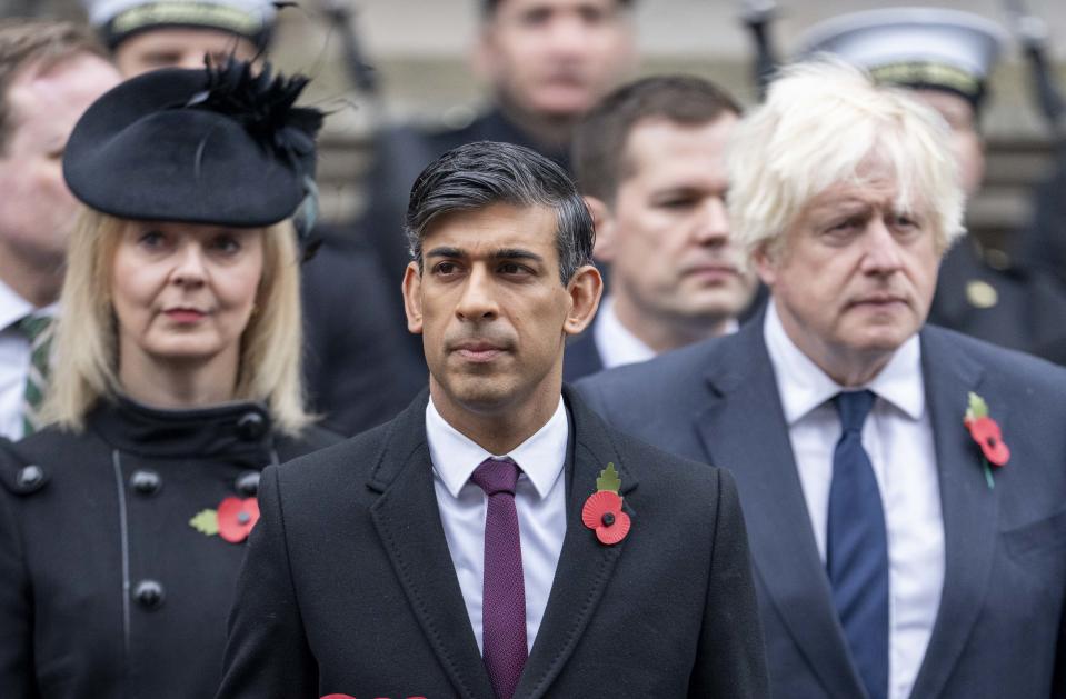 LONDON, ENGLAND - NOVEMBER 12: Prime Minister Rishi Sunak, Boris Johnson and Liz Truss during the National Service of Remembrance at The Cenotaph on November 12, 2023 in London, England. Every year, members of the British Royal family join politicians, veterans and members of the public to remember those who have died in combat. (Photo by Mark Cuthbert/UK Press via Getty Images)