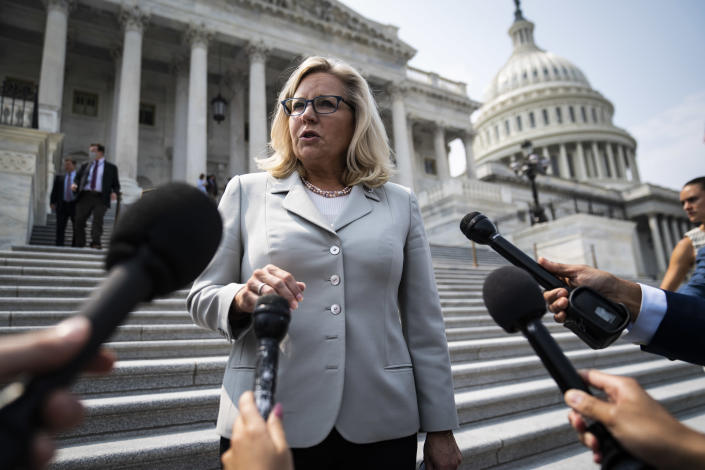 WASHINGTON, DC - JULY 21: Rep. Liz Cheney, R-Wyo., speaks about the Jan. 6 Select Committee on Capitol Hill on Wednesday, July 21, 2021 in Washington, DC. (Photo by Jabin Botsford/The Washington Post via Getty Images)