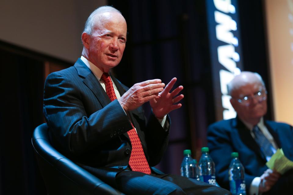 Purdue University President Mitch Daniels speaks to a student about his past 10 years at Purdue during the Conversation with Brian Lamb event, at Fowler Hall at Purdue University, on Monday, Oct. 25, 2022, in West Lafayette, Ind.