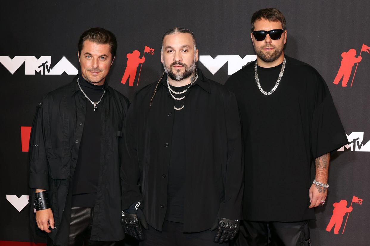 Axwell, Steve Angello, and Sebastian Ingrosso of Swedish House Mafia attend the 2021 MTV Video Music Awards at Barclays Center on September 12, 2021 in the Brooklyn borough of New York City.