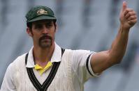 Australia's Mitchell Johnson gives a thumbs up to supporters after winning the second Ashes cricket test against England at the Adelaide Oval December 9, 2013. Australia captured England's four remaining wickets before lunch to close out an emphatic 218-run victory in the second Ashes test on Monday. REUTERS/David Gray (AUSTRALIA - Tags: SPORT CRICKET)