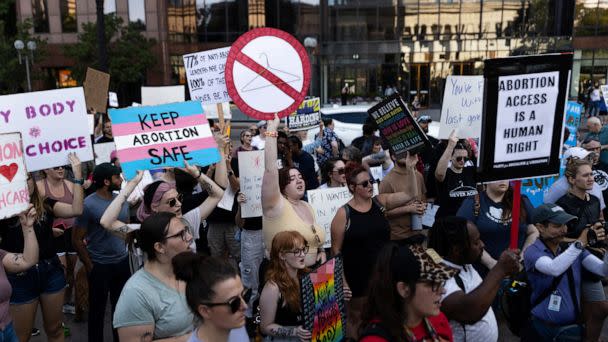 PHOTO: In this June 24, 2022, file photo, abortion rights protesters gather for a rally in Columbus, Ohio, after the U.S. Supreme Court ruled in the Dobbs v Women's Health Organization abortion case, overturning the landmark Roe v Wade abortion decision. (Megan Jelinger/Reuters, FILE)