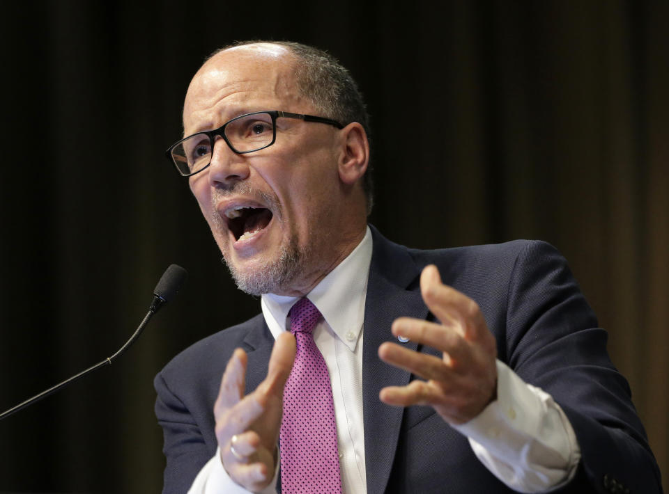 Tom Perez, chairman of the Democratic National Committee, speaks during the National Action Network Convention in New York on April 3, 2019. The Democratic National Committee is upping the ante for its second round of presidential primary debates, doubling the polling and grassroots fundraising requirements from its initial summer debates. | Seth Wenig–AP Tom Perez, chairman of the Democratic National Committee, speaks during the National Action Network Convention in New York on April 3, 2019. The Democratic National Committee is upping the ante for its second round of presidential primary debates, doubling the polling and grassroots fundraising requirements from its initial summer debates.