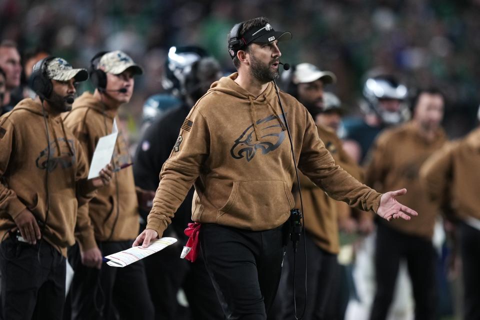 Philadelphia Eagles head coach Nick Sirianni reacts to a play during the second half of an NFL football game against the Dallas Cowboys on Sunday, Nov. 5, 2023, in Philadelphia. (AP Photo/Matt Slocum)