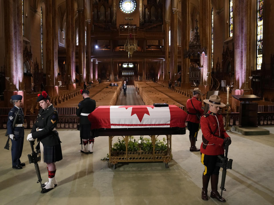 Sentinels stand guard as former prime minister Brian Mulroney lies in repose at St. Patrick's Basilica in Montreal on Thursday, March 21, 2024. THE CANADIAN PRESS/Ryan Remiorz