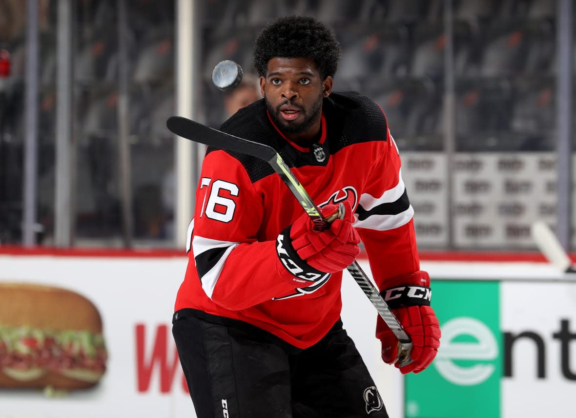 NEWARK, NEW JERSEY – APRIL 21: P.K. Subban #76 of the New Jersey Devils bounces the puck during warm ups before the game against the Buffalo Sabres at Prudential Center on April 21, 2022 in Newark, New Jersey. (Photo by Elsa/Getty Images)