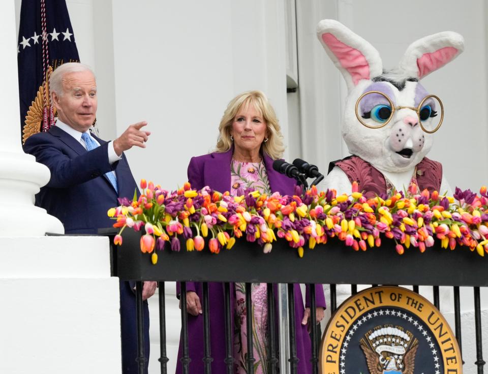 President Joe Biden and first lady Jill Biden address the crowd on the South Lawn at the start of the annual White House Easter Egg Roll, accompanied by the Easter bunny, on April 18, 2022.