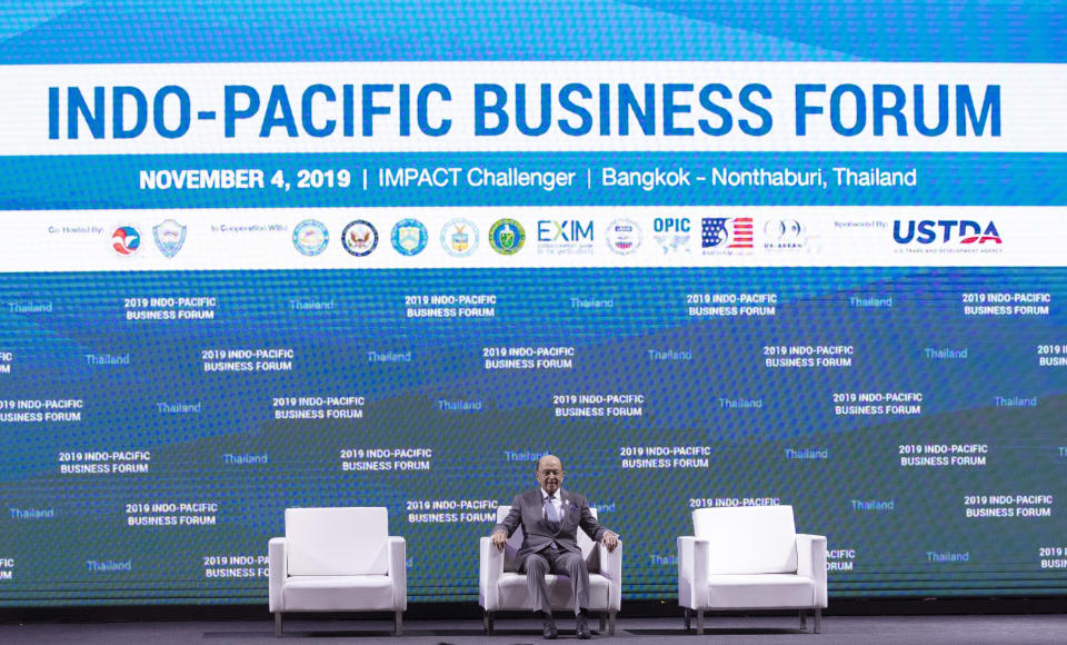 U.S. Commerce Secretary Wilbur Ross sits on chair after delivering a speech at Indo-Pacific Business Forum in Nonthaburi, Thailand, Monday, Nov. 4, 2019. (AP Photo/Sakchai Lalit)