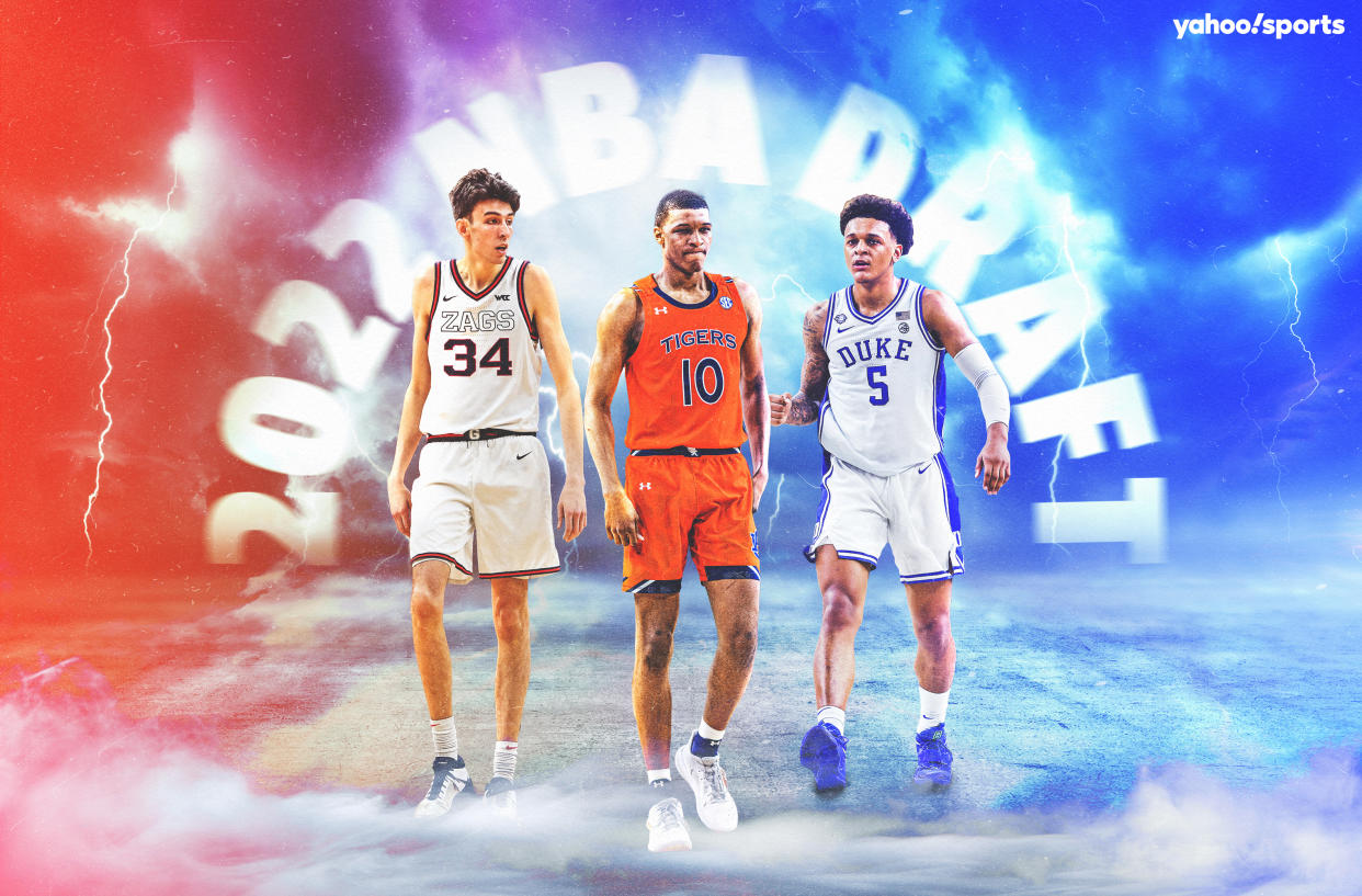 Making the case for the No. 1 pick in the 2022 NBA draft between Gonzaga center Chet Holmgren, Auburn forward Jabari Smith and Duke forward Paolo Banchero. (Graphic by Amber Matsumoto/Yahoo Sports)