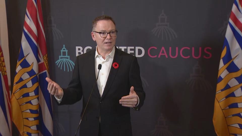 BC United Leader Kevin Falcon speaks to reporters about B.C.'s sweeping changes on housing legislation at the B.C. Legislature on November 8, 2023.