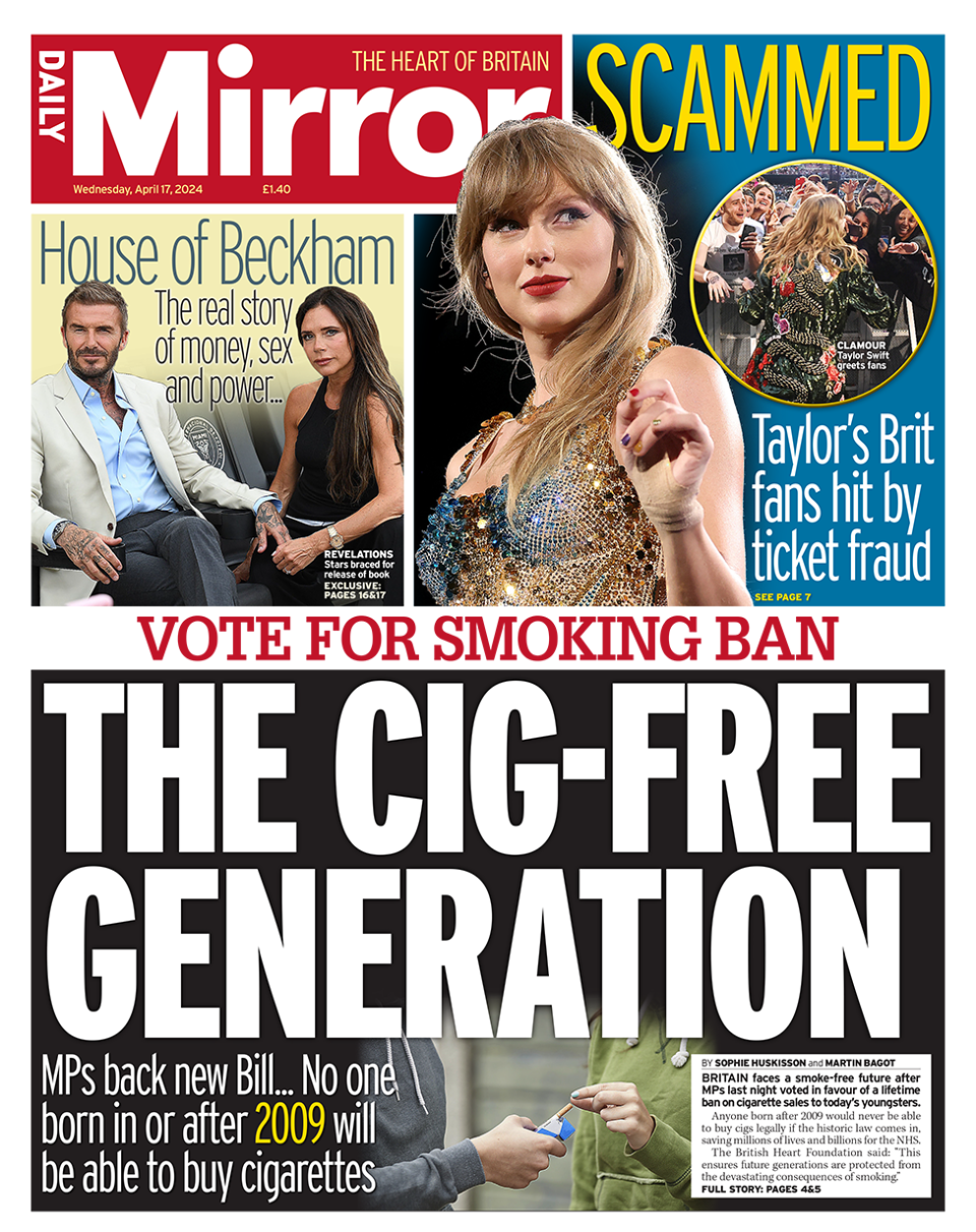 The headline in the Mirror reads: "The cig-free generation".