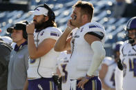 North Alabama quarterback Blake Dever (7) stands on the sideline after being pulled from the game in the second quarter of an NCAA college football game against BYU, Saturday, Nov. 21, 2020, in Provo, Utah. (AP Photo/Jeff Swinger, Pool)