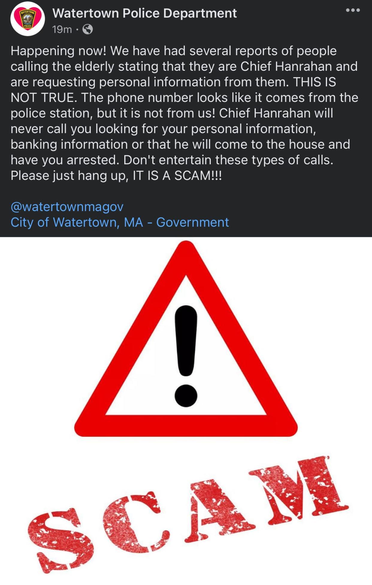 Watertown MA. residents were alerted to this scam last week by the city's police department.
