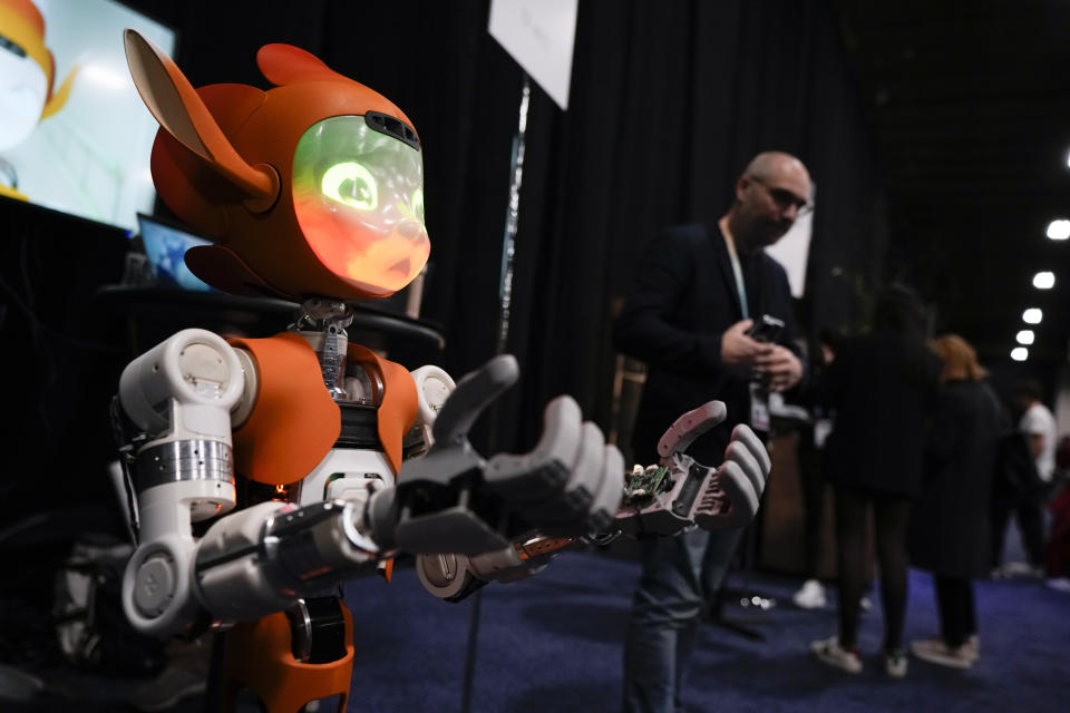 The Mirokai robot by Enchanted Tools is seen during CES Unveiled before the start of the CES tech show Sunday, Jan. 7, 2024, in Las Vegas. The robot is designed for medical environments to carry and move equipment and medications. (AP Photo/Ryan Sun)