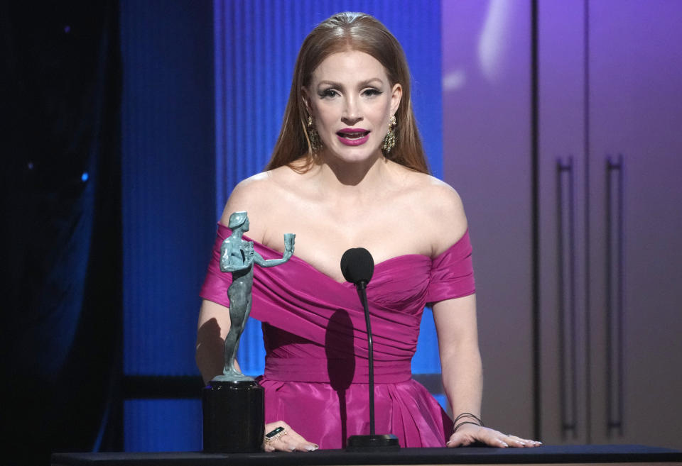 Jessica Chastain accepts the award for outstanding performance by a female actor in a television movie or limited series for "George and Tammy" at the 29th annual Screen Actors Guild Awards on Sunday, Feb. 26, 2023, at the Fairmont Century Plaza in Los Angeles. (AP Photo/Chris Pizzello)