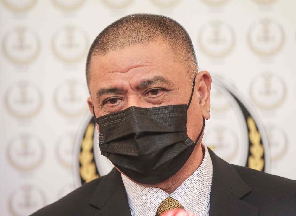 Perak Mentri Besar Datuk Saarani Mohamad speaks to members of the press at the State Secretariat Building in Ipoh March 17, 2021. — Picture by Farhan Najib