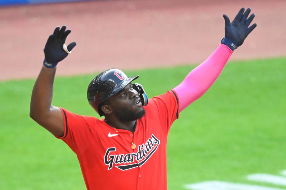 Guardians right fielder Jhonkensy Noel celebrates his fourth-inning solo home run against the Detroit Tigers, July 23, 2024, in Cleveland.