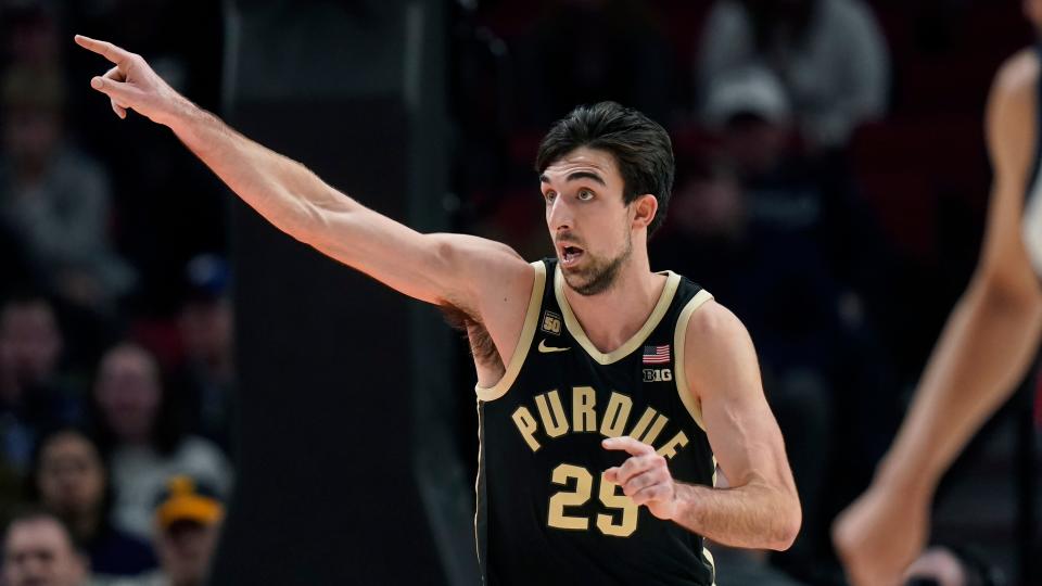 Purdue guard Ethan Morton (25) celebrates after scoring against Gonzaga during the second half of an NCAA college basketball game in the Phil Knight Legacy tournament Friday, Nov. 25, 2022, in Portland, Ore. (AP Photo/Rick Bowmer)