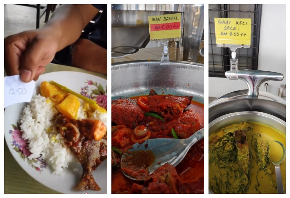 Left pic from viral video shows price of a meal of ikan bawal and rice, while the other pics shows the actual price being displayed for customers. — Pictures via Rozana, screen capture via tiktok/raidafiqz