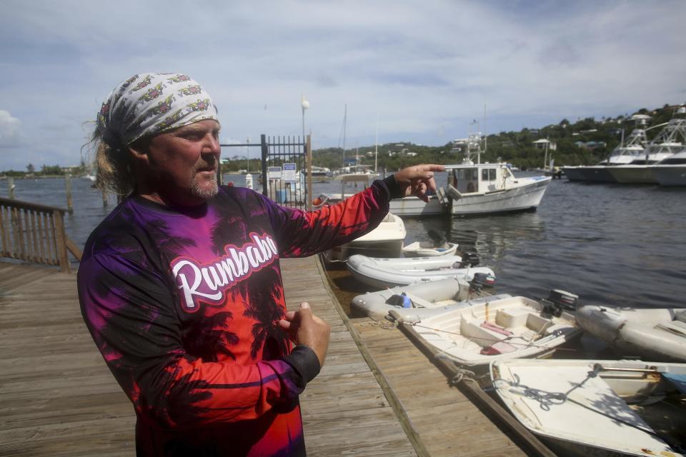 Jon Stewart speaks during an interview in St. Thomas, Wednesday, Aug. 14, 2019, about Little St. James Island, a property owned by Jeffrey Epstein in the U. S. Virgin Islands. “No one used to pay attention to it,” said Stewart, the owner of a charter boat company. Now, “there’s a ton more tourists.” (AP Photo/Gabriel Lopez Albarran)