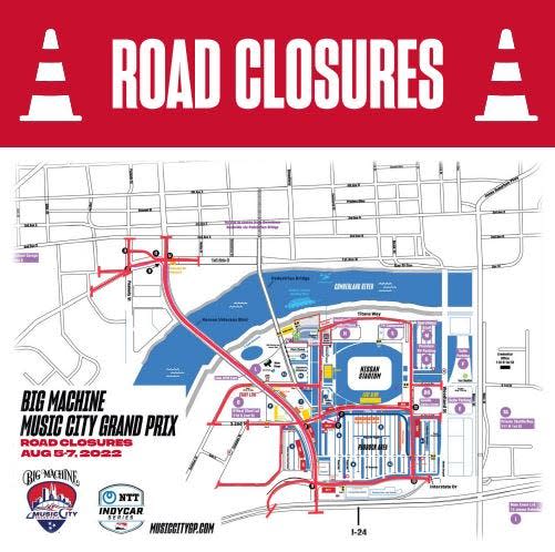 Map of road closures for the 2022 Music City Grand Prix in Downtown Nashville.