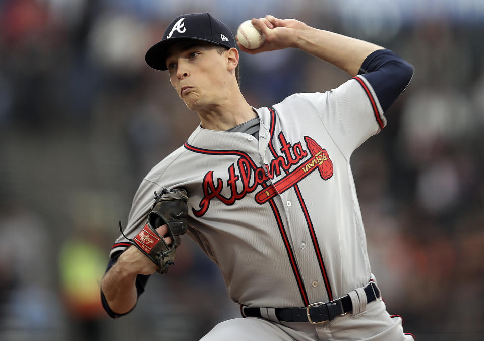 Atlanta Braves pitcher Max Fried works against the San Francisco Giants during the first inning of a baseball game Wednesday, May 22, 2019, in San Francisco. (AP Photo/Ben Margot)