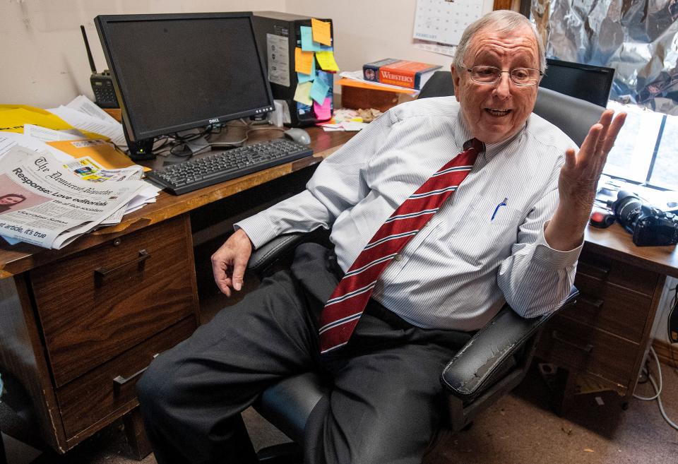 Goodloe Sutton, publisher of the Democrat-Reporter newspaper, discusses media coverage of his controversial editorial at the newspaper office in Linden, Ala., on Thursday February 21, 2019.