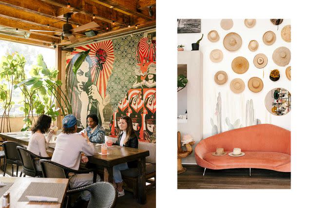 <p>Carmen Chan</p> From left: Diners at Malibu’s Café Habana; the interior of Teressa Foglia’s hat shop at the Malibu Country Mart.