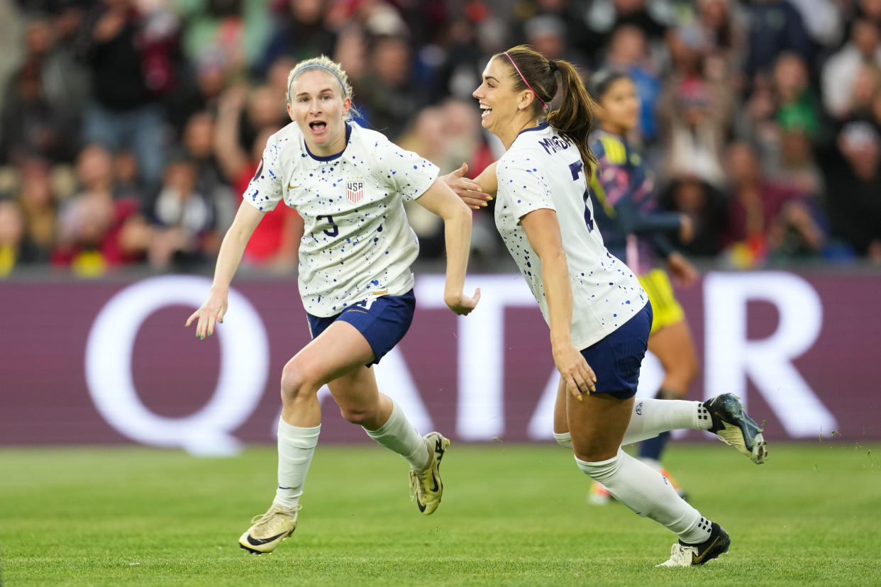 LOS ANGELES, CALIFORNIA - MARCH 03: Jenna Nighswonger #3 of the United States celebrates scoring with Alex Morgan #7 during the first half against Colombia during the 2024 Concacaf W Gold Cup quarterfinal match at BMO Stadium on March 03, 2024 in Los Angeles, California. (Photo by Brad Smith/ISI Photos/USSF/Getty Images for USSF)