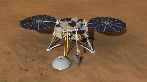 A still from an animation shows NASA's new InSight Mars Lander lowering a drill onto Mars to analyze the planet's interior.