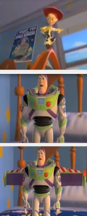 Buzz Lightyear's wings pop open suddenly as he watches Jessie perform an impressive stunt in Toy Story 2