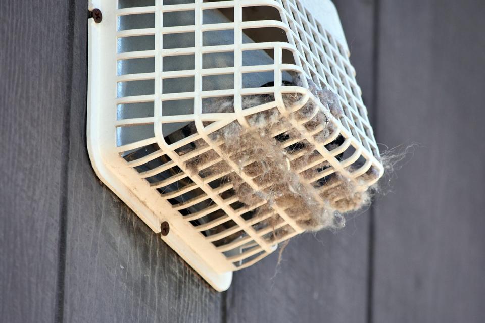 A close up of a dryer vent with lint.