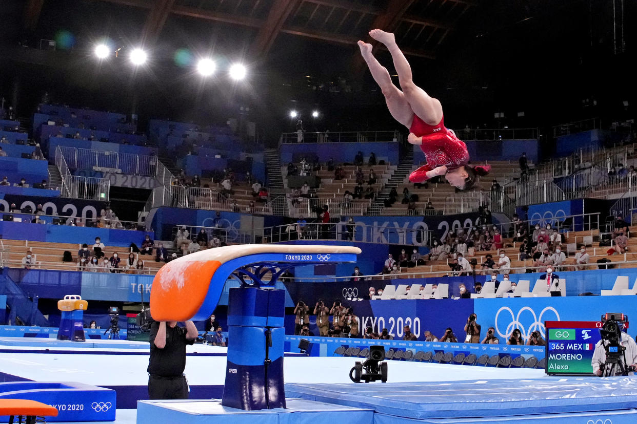 Aug 1, 2021; Tokyo, Japan; Alexa Moreno (MEX) on the vault during the Tokyo 2020 Olympic Summer Games at Ariake Gymnastics Centre. Mandatory Credit: Robert Deutsch-USA TODAY Sports